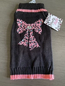 Simply Wag BLACK - PEACH PRINT BOW CRYSTAL HEART BUTTON SWEATER Puppy/Dog SMALL - Picture 1 of 2