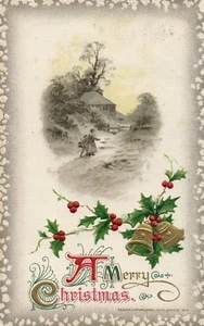 Scenic Winter Walk Gold Bells and Holly John Winsch Christmas Postcard - Picture 1 of 2