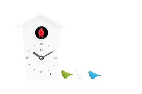 Birdhouse Mini White, Tiny Modern Cuckoo Clock with 12 Natural Bird Songs or Cover
