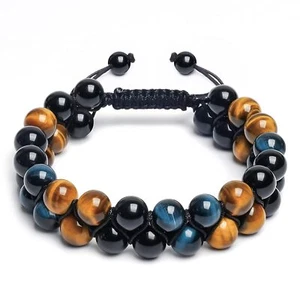 Mens Triple Protection Obsidian Blue Tiger Eye Crystal Healing Hematite Bracelet - Picture 1 of 4