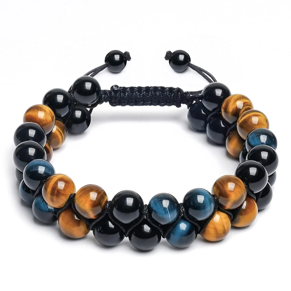 Pulsera de hematita curativa de cristal ojo de tigre azul obsidiana triple protección para hombre Foto 1 de 1