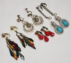 Clip-On Earrings Lot 5pc Dangle Teardrop Boho Statement Festival Jewelry Mix - Picture 1 of 11