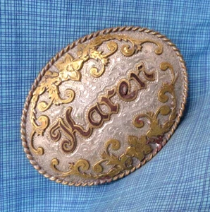 Karen Belt Buckle Custom Name Western Scroll Wood Inlay Vtg 80s C/ .NOX024 - Picture 1 of 11