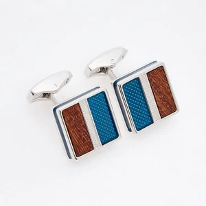 Tateossian Silver Tone Square Cufflinks with Sandalwood & Blue Enamel Resin I... - Picture 1 of 4