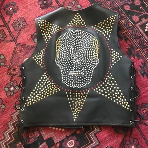 Motorradjacke, Bikerkutte, Lederweste, Totenschädel, genarbtes Leder, schwarz - Bild 1 von 6