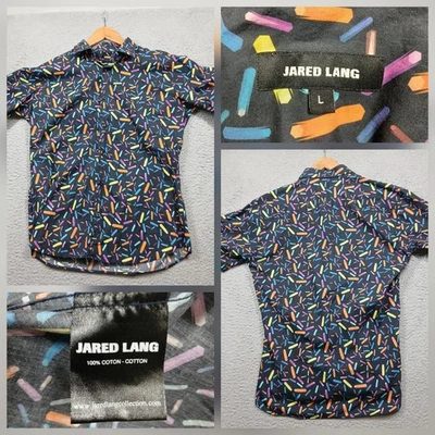 Jared Lang Men's Button Down Shirt L Black Colorful Geometric Print Cotton - Image 1 of 4