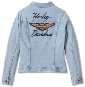 New Harley Davidson XL Denim Jacket Wings Logo Embroidered Light Wash Stretch  - Picture 1 of 10