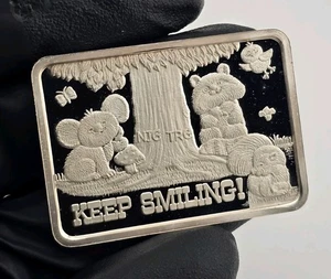 1977 Keep Smiling Greathouse Productions 1oz .999 Vintage Square Silver Bar - Picture 1 of 4