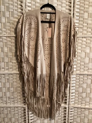 BCBGeneration tan Faux suede Lazercut FRINGE WRAP SHAWL BOHO Western one size - Image 1 of 4
