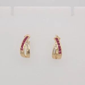 14k yellow gold ruby and diamond small hoop earrings - Picture 1 of 8