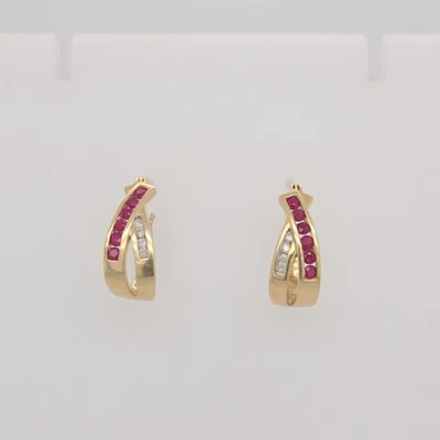 14k yellow gold ruby and diamond small hoop earrings - Image 1 of 4