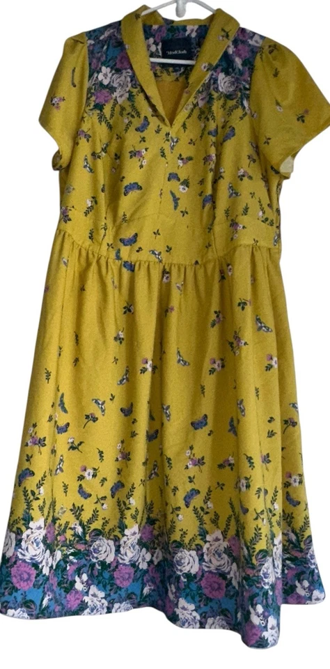 ModCloth Yellow Blue Roses Floral Lively Identity Mod Housewife A-Line Dress 1X - Image 1 of 4