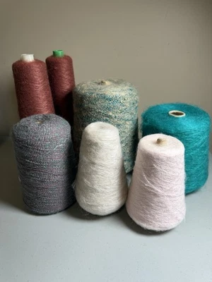 Fuzzy Cone Yarn Mohair & Wool Blend & Others Teal, Mixed, Pink, etc Lot of 8 - Image 1 of 4