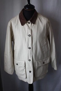 Vtg Lands' End beige work wear chore utility jacket leather collar large 14 16 - Picture 1 of 20