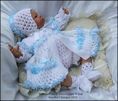 KNITTING PATTERN BABY OR REBORN DOLL MATINEE SET F146 16-22" DOLL 0-3M BABY