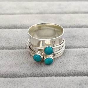 Turquoise Spinner Ring Solid 925 Sterling Silver Three Gemstone Size 10.5 MO907 - Picture 1 of 6
