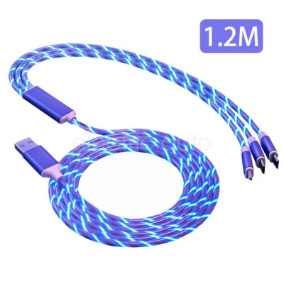 For iPhone Type C Micro USB 3 in 1 LED Glowing Flowing Phone Charger Cable Cord - Image 1 of 4