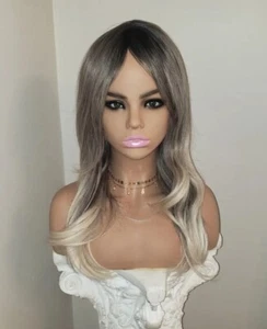 Balayage Wig - Human Hair Blend Platinum Blonde Silver Black Rainbow Multicolor - Picture 1 of 6