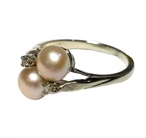 Anillo de diamantes de perlas rosas de 6 mm de oro blanco de 14 k bypass piedra de nacimiento de junio joyería de colección - Imagen 1 de 10