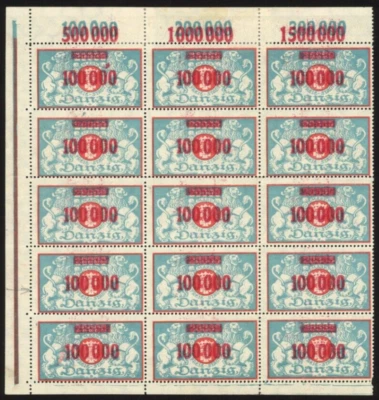 Danzig Germany Stamps MNH Block of 15 -Overprint -Scott #126 / Michel 150 & 150I - Image 1 of 2