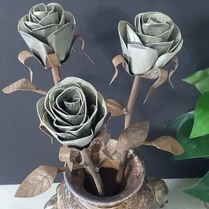 Handmade Welded Metal Long Stem Roses with Leaves Rustic Brutalist Set of 3 - Picture 1 of 20