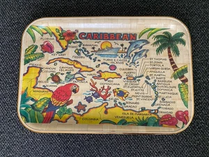 Vintage Bamboo Souvenir Plate Serving Tray Caribbean Map Islands Ship 14” X 9.5” - Picture 1 of 7