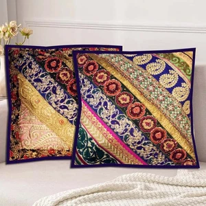 16"-Set Of 2 PC Handmade Patchwork Ethnic Sofa Pillow Cushion Cover Living Room - Picture 1 of 12