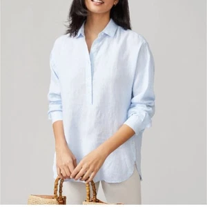 J McLaughlin LINEN Blue White Stripe Quarter Button Blouse XS - Picture 1 of 11