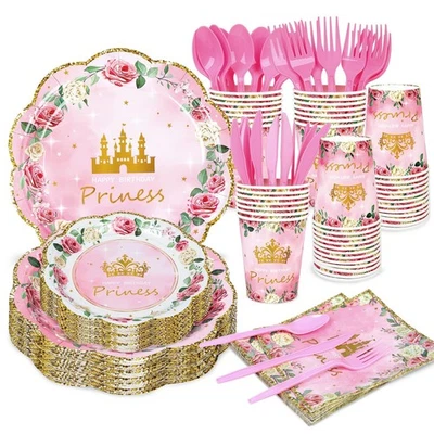 168 Pieces Pink Princess Disposable Party Dinnerware - Princess Paper Plates ... - Image 1 of 4