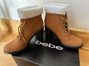 BEBE Kimmberly Brown Ankle High Laced Chunky Heel Bootie8M - Picture 1 of 4