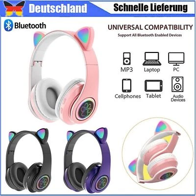 Kabellos Kopfhörer Bluetooth Katze Ohr LED-Licht für Kinder Faltbare Headset - Bild 1 von 4