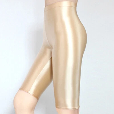 MJINM Mujeres Brillantes Brillantes Satén Leggings Opacos Cintura Alta Elásticos Pantalones Cortos Deportivos Foto 1 de 4