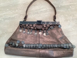 Vtg Patricia Nash gold Leather BoHo Hand Bag Top Handle Purse Satchel - Picture 1 of 6