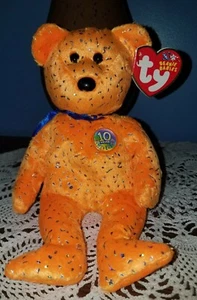 Retired Ty Beanie Baby MWMT Rare 8" - 10th Anniversary Decade 2003 Orange Bear - Picture 1 of 3