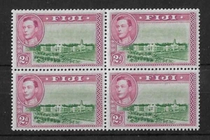 Fiji 1942 QEII 2d 'Scratched Building' Variety in Mint Block (Perf 13.5) - Picture 1 of 3