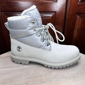 Timberland Damen hohe Stiefel 6" Premium gefütterte Stiefel Größe 9 weiß silber Stiefel WP - Bild 1 von 15