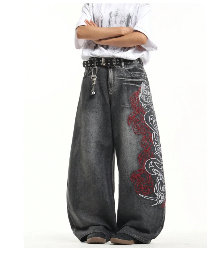 🔥 EXTREME Baggy Wide Leg Jeans Grau - Y2K Streetwear Jeans Hose mit Rot - Bild 1 von 4