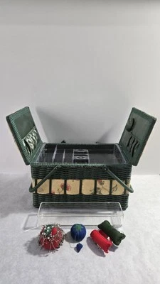 Vintage Sewing Basket Green Woven Wicker Box Tapestry Floral 15" Tray Accessory  - Image 1 of 4