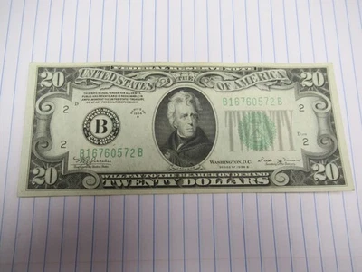 AU Pretty Crisp $20 Series 1934 B Federal Reserve Note Note Bill BB Block - Image 1 of 4
