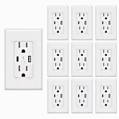 USB Type C Wall Outlet Duplex Receptacle 15A, Smart 4.8A Quick Charging, 10 pcs - Image 1 of 4
