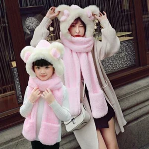 3 in 1 Winter Parent-child Plush Hooded Hat Cap Hooded Scarf Gloves Kids Adult - Picture 1 of 10