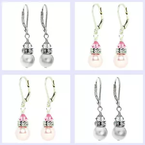 Swarovski Elements Crystal Simulated Pearl Sterling Silver Leverback Pendientes - Imagen 1 de 4