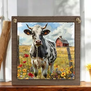 Black & White Cow Wood Sign - Farmhouse Country Decor, Rustic Barn Hanging Sign - Picture 1 of 3