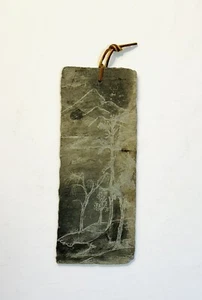Hand Engraved Slate Rock Stone Mountain View Folk Art Signed Wall Hanging - Picture 1 of 8