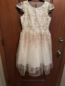 Rare Editions White Satin Floral Pink Embroidered Flowers Net Dress Size 16 - Picture 1 of 8
