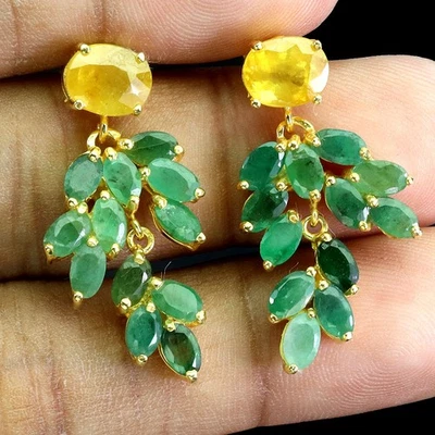 925 Sterling Silver Earrings Oval Yellow Sapphire 9x7mm Emerald Gemstone Jewelry - Image 1 of 4