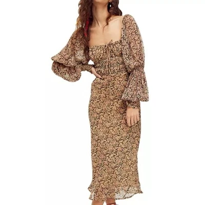 Free People Aglow Midi Dress Floral Long Sleeve Dress - Black and Tan - Image 1 of 4