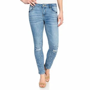 NEW mōd x Stretch Denim 5-Pocket Faux Pearl & Stud Embellished Jeans - Picture 1 of 9