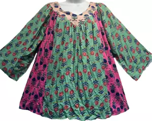 Nwt SACRED THREADS floral funky boho rayon hippy ruffled TUNIC TOP 1X Free ship - Picture 1 of 5