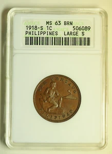 mw28030 Philippines Centavo 1918 S - Large "S" ANACS MS63 Very RARE !!! - Picture 1 of 4